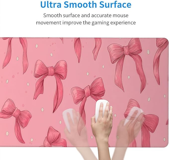 Large Pink Mouse Pad with Bows, Non-Slip Desk Mat for Laptop PC, Gaming Mousepad, 35.4 x 15.8 inches