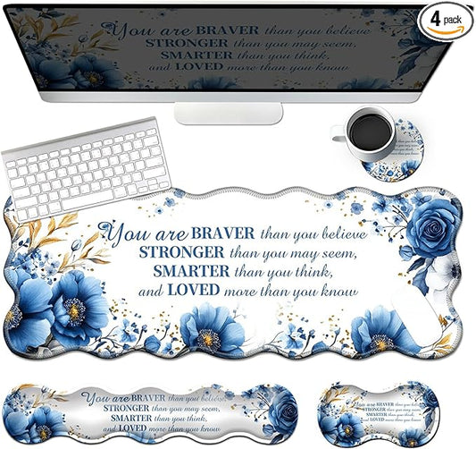 4-Piece XXL Gaming Mouse Pad Set (31.5"x11.8") with Keyboard Wrist Rest,Mouse Wrist Support & Coaster,Ergonomic Non-Slip Desk Mat for Office & Home,Bule Flower Quotes