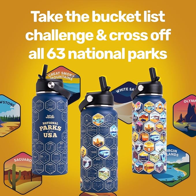 LET'S WANDER National Parks Water Bottle with Waterproof Stickers - 32oz Leakproof Insulated Stainless Steel with Straw - Parks of the USA Hiker Bucket List Gift Bottle [BLUE]