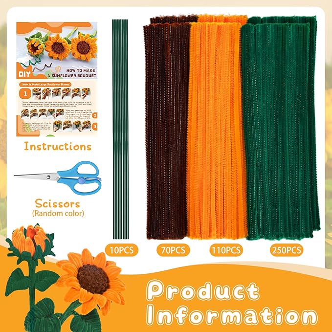 UzecPk 430PCS Pipe Cleaners for Crafts, Pipe Cleaner Sunflower Kit, Pipe Cleaner Craft Sunflowers Kit with Instructions, 3 Colors Pipe Cleaners Set for DIY Art Craft Decorations-5 Flowers