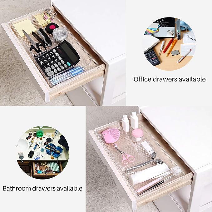 Oubonun Expandable Drawer Organizer 11.1” to 19.2” Width, Shallow Cosmetic Organizer 1.3” Height, 2 Packs, Clear Plastic Storage Trays for Dressing Table,Bathroom