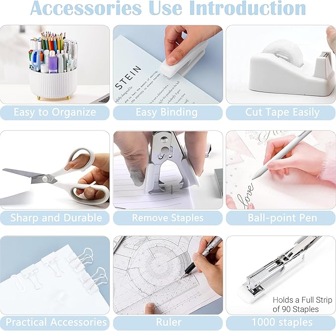 Office Desk Accessories, White Office Supplies 360°Pen Holder Desk Organizers And Accessories with Tape Dispenser, Stapler, Staple Remover, 1000 Staples, Tape, Clips Set, Ruler, Scissor, Pen