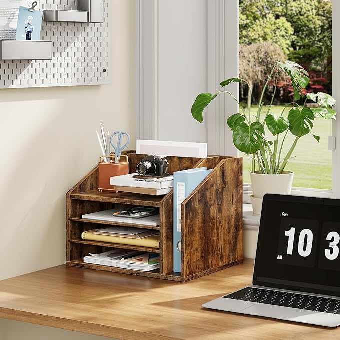 Wooden Desk Organizer with Adjustable Partitions, Multi-Layer Desktop File Holder for Home Office, Paper & Stationery Storage Organizer, Rustic Brown MWJ04FG