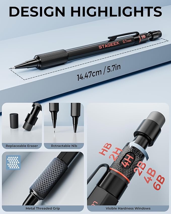 Mechanical Pencils 0.7mm with Case, Metal Weatherproof Body Outdoor Artist Mechanical Pencil with 120 PCS HB & 2B Lead Refills, Eraser, for Writing Drafting Drawing and Sketching