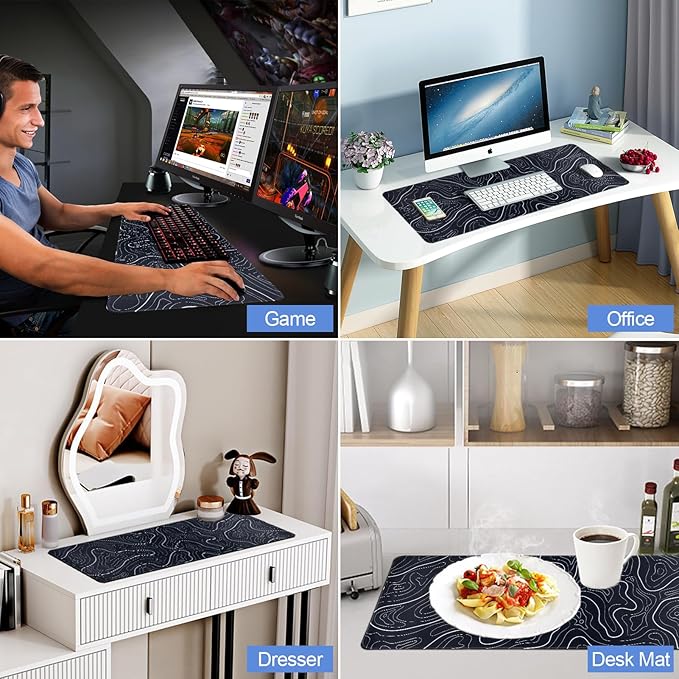 Large Gaming Mouse Pad for Desk, Black Topographic Mouse Pad Desk Mat for Gaming Office, Long XL Mouse Pads Keyboard Pad Desk Pad for Computer Laptop 31.5''x11.8''