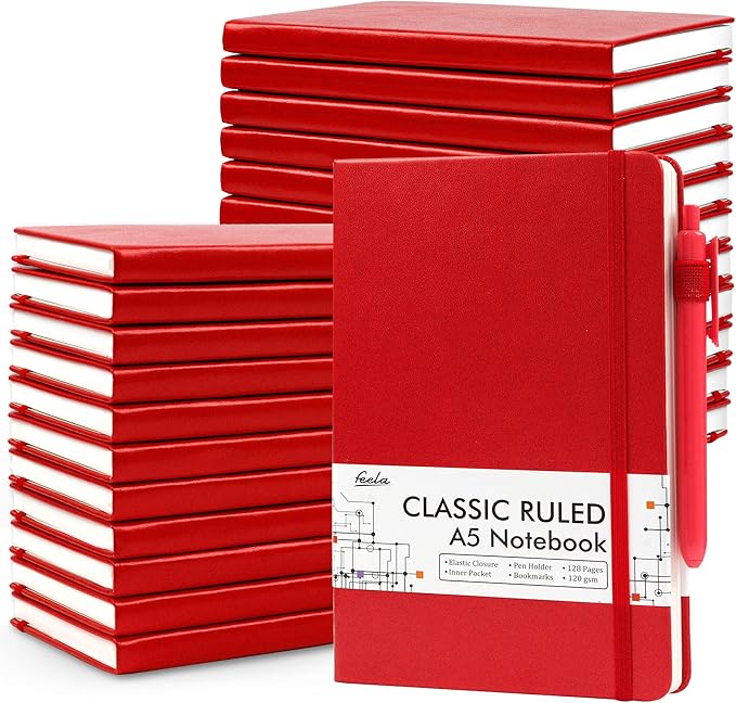 24 Pack Journal Notebook for Work, Feela Business Notebook Bulk Hardcover Lined Writing Journal with Pen Holder for Men Women Note Taking, with 24 Black Pens, 120 GSM, 5.1”x8.3”, A5, Red