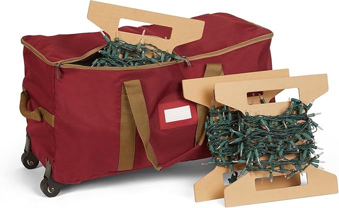 Covermates Keepsakes Rolling Christmas Light Storage Bag - Carrying Handles, ID Window, Dual Wheels - Holiday Storage, Red