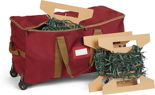 Covermates Keepsakes Rolling Christmas Light Storage Bag - Carrying Handles, ID Window, Dual Wheels - Holiday Storage, Red