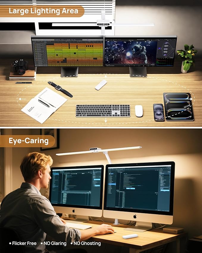 TROND LED Desk Lamp with Clamp, 29.55'' Tall Desk Light with Remote, 1500LM Bright Table Lamp, Swing Arm Clip on Light, Eye-Caring, Touch Control Dimmable for Home Office Monitor Reading Study Task