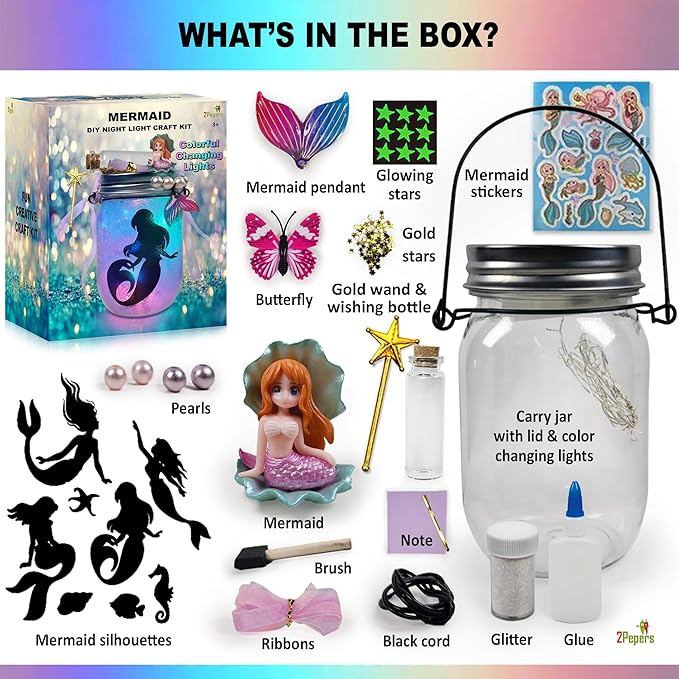 Make Your Own Mermaid Toy Night Light Lantern Jar Arts & Crafts For Girls, DIY Mermaid Gifts For Girls Ages 4 5 6-8 8-10 8-12 & Teens. Best Little Mermaid Craft Kit Projects & Kids Birthday Present