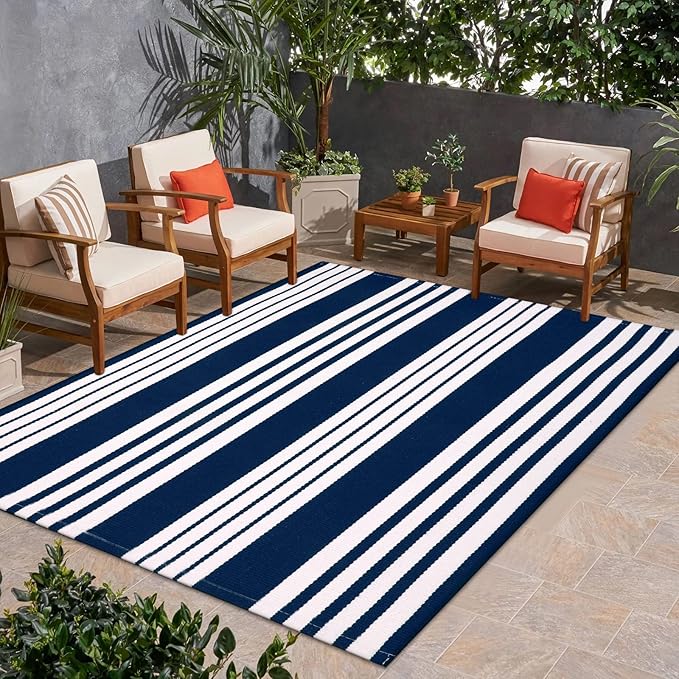 OJIA Washable Area Rugs 4'x6', Cotton Woven Indoor Outdoor Rugs Striped Patio Rugs Entryway Rug Carpet Large Area Rugs for Bedroom/Porch/Deck/Backyard/Camping/Living Room
