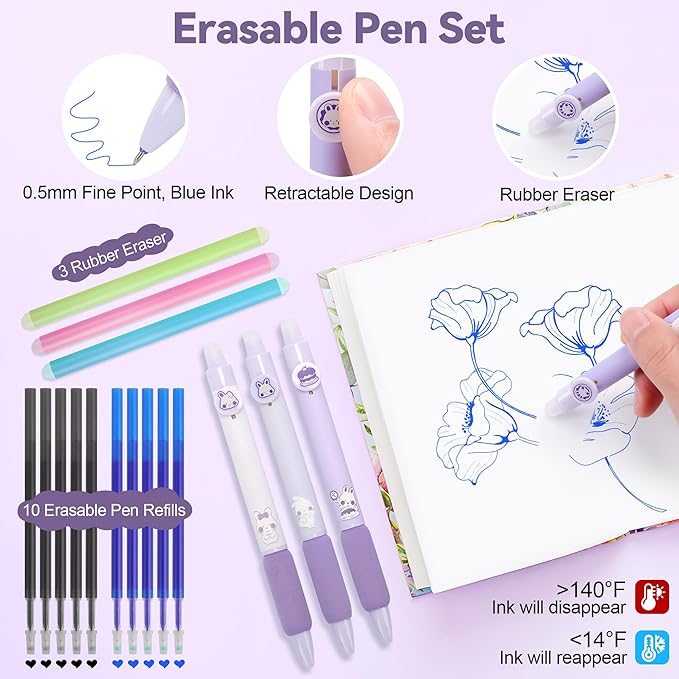 61 PCS Aesthetic School Supplies with Cute Pen Case, Pastel Highlighters, Gel & Erasable Pens, Mechanical Pencils, Refills, Complete Essentials Stationery Kit for Students (Purple)