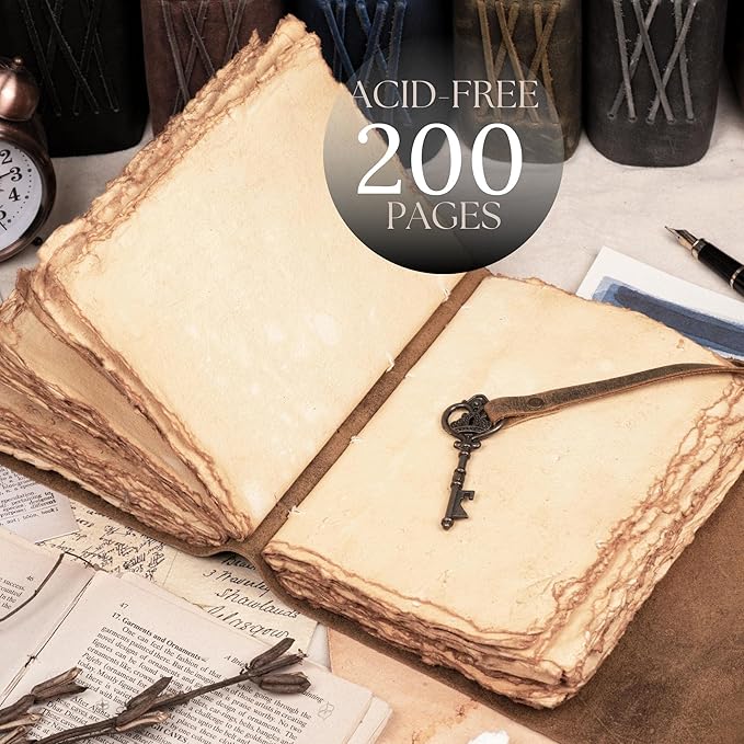 LEATHER VILLAGE Vintage Leather Journal – 200 Handmade Vintage Deckle Edge Paper – Leather bound Journal For Women Men – Vintage Key Closure - Book of Shadows - Green - 13X8 inches