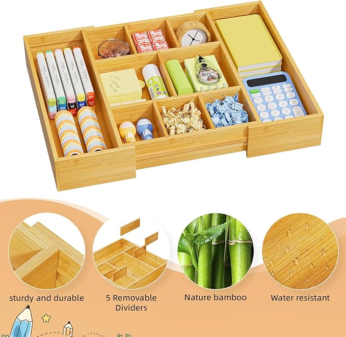 Marbrasse Bamboo Expandable Drawer Organizer, Desk Drawer Organizer Tray with 5 Dividers, Desk Organizers and Accessories, 10 Adjustable Compartments for Office Supplies, Junk, Makeup & Vanity