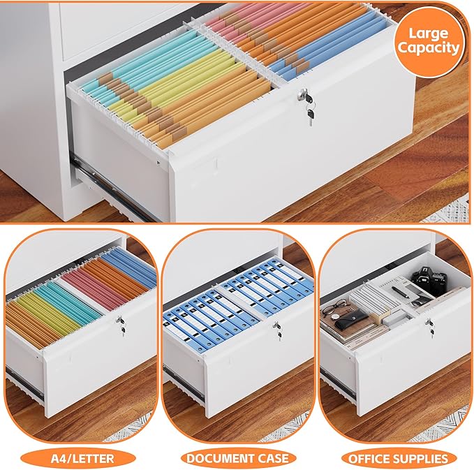 METAN Upgrade Metal 3 Drawer Lateral Files Cabinet for Home Office, Lockable Steel Wide File Storage Cabinet for Hanging Legal/Letter A4 Size, Assembly Required,White