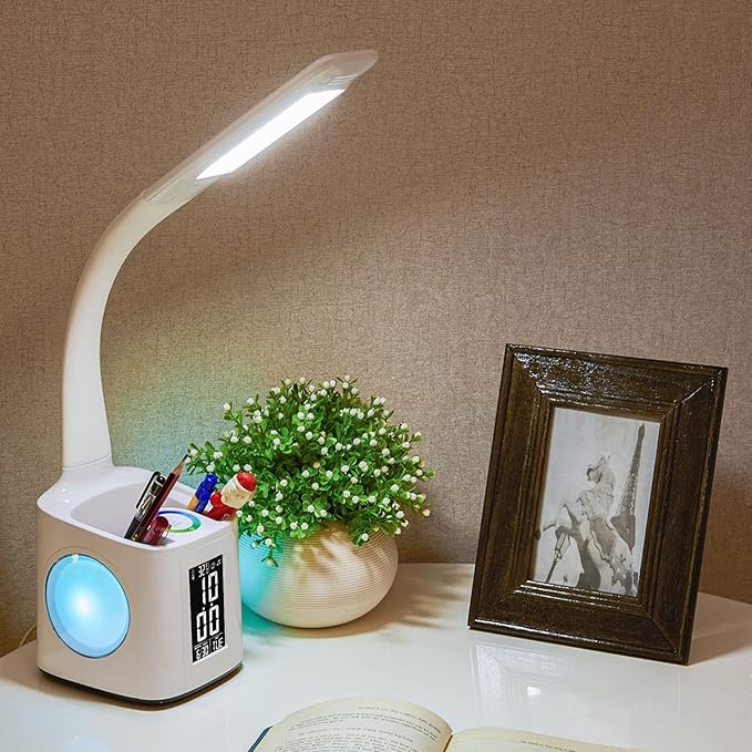 LED Desk Lamp with Clock,Color Changing Nightlight,Study Lamp with Pen Holder,Desk Light with USB Charger,Table Light for Home,Office,Bedroom,Gift for Kids,Students,Women,White
