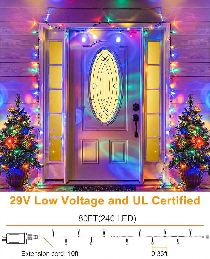 Multicolor Christmas Lights Outdoor, 80FT 240 LED Christmas Tree Lights Waterproof Plug in, 8 Modes Connectable Christmas Decorations Green Wire for Indoor Room Garden Xmas Holiday