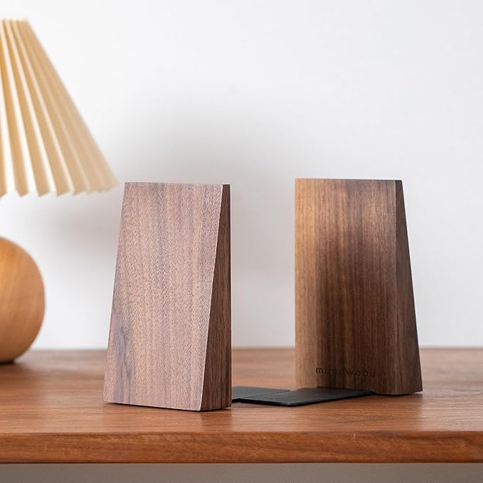 Muso Wood Thickened Wooden Bookends for Heavy Books, Creative Decorative Non-Skid Handmade Walnut Wood Ends for Shelves