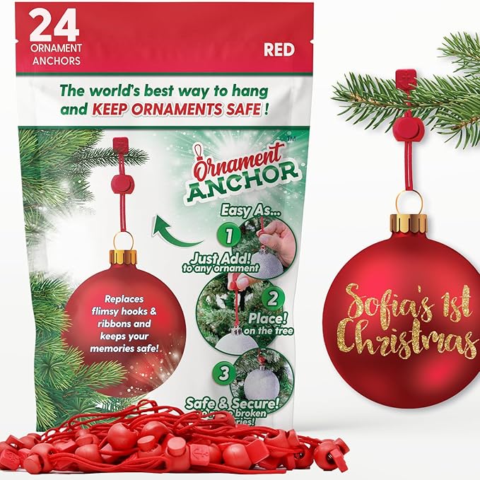 ORNAMENT ANCHOR Ornament Hooks for Hanging Christmas Decorations - No-Slip Hanging Hooks for Xmas - Heavy Duty Christmas Tree Ornaments Hanger Hooks for Small & Large Ornaments (Red, 24 Count)