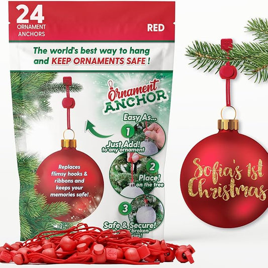 ORNAMENT ANCHOR Ornament Hooks for Hanging Christmas Decorations - No-Slip Hanging Hooks for Xmas - Heavy Duty Christmas Tree Ornaments Hanger Hooks for Small & Large Ornaments (Red, 24 Count)