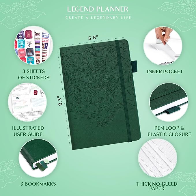 Legend Planner Hourly Schedule Edition – Deluxe Weekly & Daily Organizer with Time Slots. Time Management Appointment Book Journal for Work & Personal Life, Undated, A5 Hardcover – Dark Green Debossed