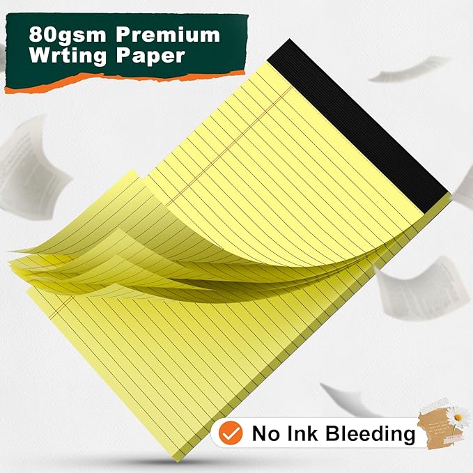 Legal Pads 8.5 x 11 Yellow Note Pads 8.5 x 11.75 Wide Ruled Writing Pads Lined Notepad for Home, School, Office Use, 80gsm Perforated Paper - Sturdy Cardboard Backing Support, 2 Pack (30 Sheets/Pad)