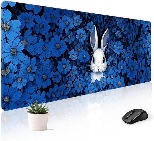 Mousepad Desk Mat Gaming Large Keyboard Cute Office Desktop Computer Laptop XXL Long Big Kawaii Aesthetic Girly Pretty Design Women Girl Gamer Oversized Wide 30x12'' Mousepad, Blue Rabbit