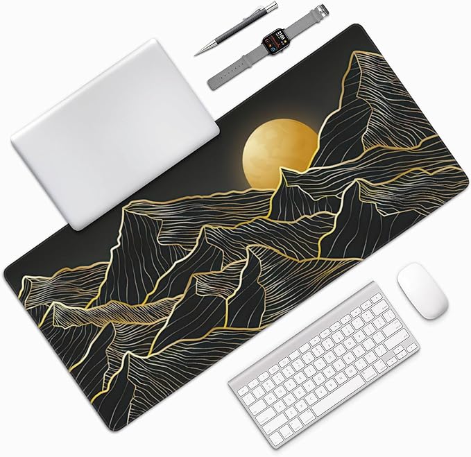Mountain Line Art Large Mouse Pad, Vintage Aesthetic Gaming Desk Mat, XXL Keyboard Desk Pad Mat for Desktop, 35.4"x15.7" Non-Slip Base Big Mousepad with Stitched Edges