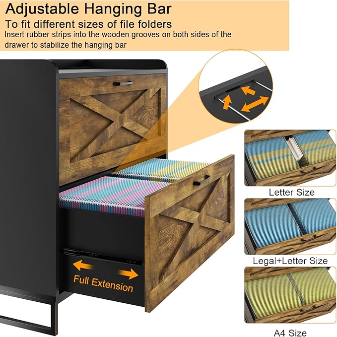 Lateral File Cabinet with Charging Station, 2 Drawer File Cabinet for Letter/Legal/A4 Size Hanging Files, Large Wood File Storage Cabinets, Rustic Brown and Black