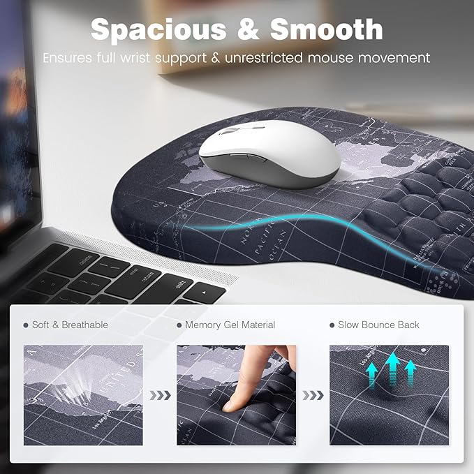 Ospelelf Ergonomic Mouse Pad and Keyboard Stand Wrist Rest Set, Memory Foam Comfort, Pain Relief for Typing, Office Desk Accessories, Map