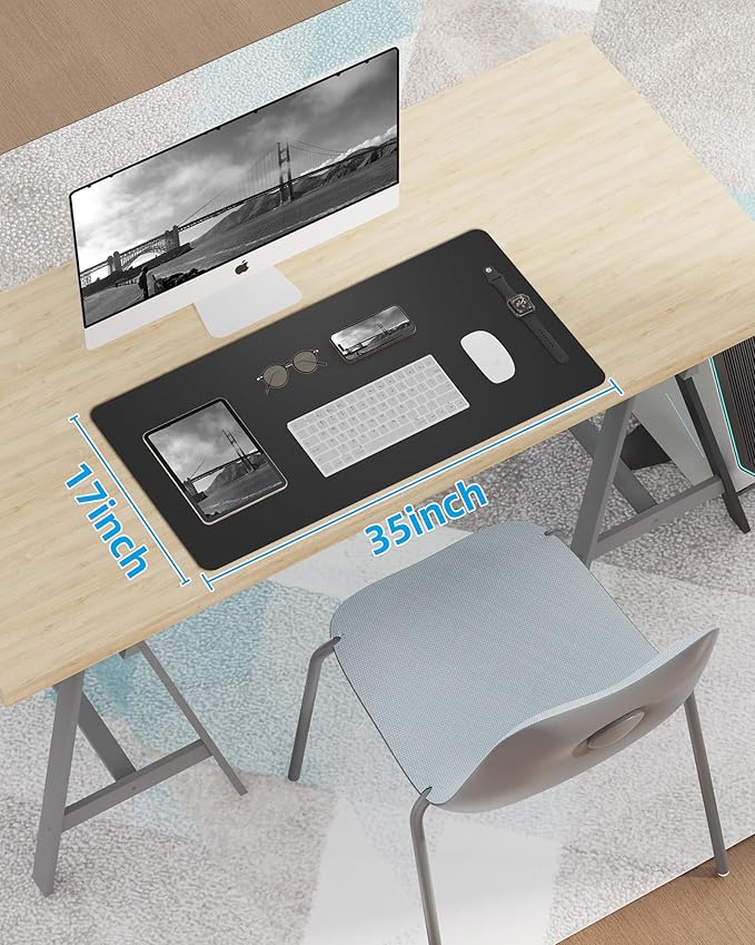 Leather Desk Pad Blotter,Mouse Pad,Office Desk Mat, Non-Slip PU Leather Desk mat,Large Desk mat,Waterproof Keyboard mat for Office/Home/Decor (Black,35" x 17")