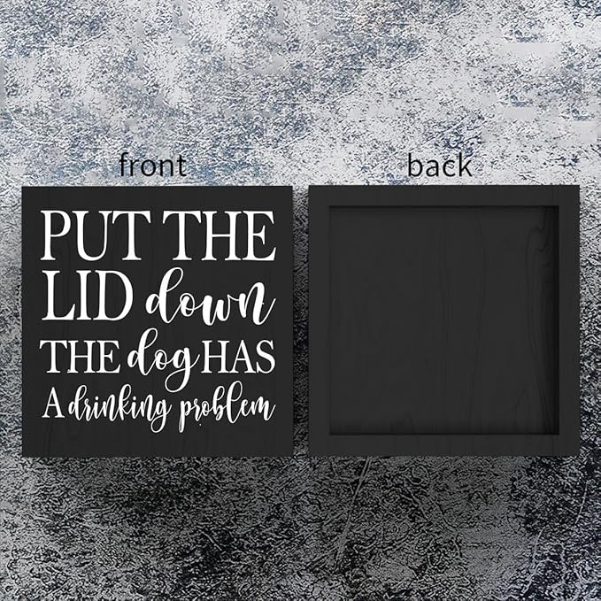 mmiishe Put the Lid Down the Dog Has a Drinking Problem Wooden Box Sign Decorative Funny Bathroom Wood Box Sign Home Decor Rustic Farmhouse Square Desk Decor Sign for Shelf 5 x 5 Inches-503