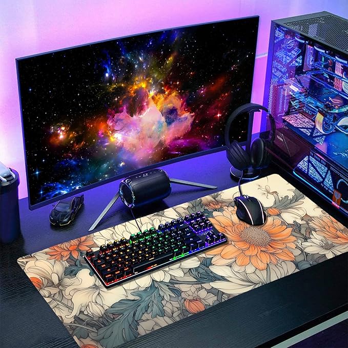 Minimalist Floral Gaming Mouse Pad XXL White Orange Aesthetic Flowers Japanese Extended Large Mat Mousepad Non-Slip Rubber Base Stitched Edge Keyboard Pad Playmat for Computer,35.4×15.7 Inch