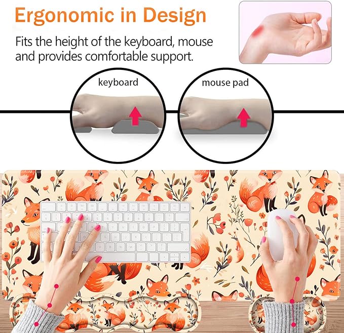 Large XXL Gaming Desk Mat 31.5"x 11.8", Ergonomic Keyboard Wrist Rest & Mouse Pad Wrist Rest + Coaster Set, Non-Slip Base, Memory Foam, Office and Home, Little Fox