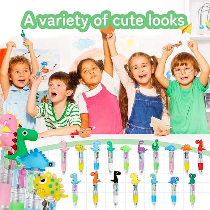 CZWZ 30Pcs Mini Multicolor Pens in One 4-in-1 Cute Pens Bulk for Kids, Ballpoint Pen for Birthdays and Children's Parties, Fun Gifts Assorted Ink Kawaii Pen(Dinosaur)