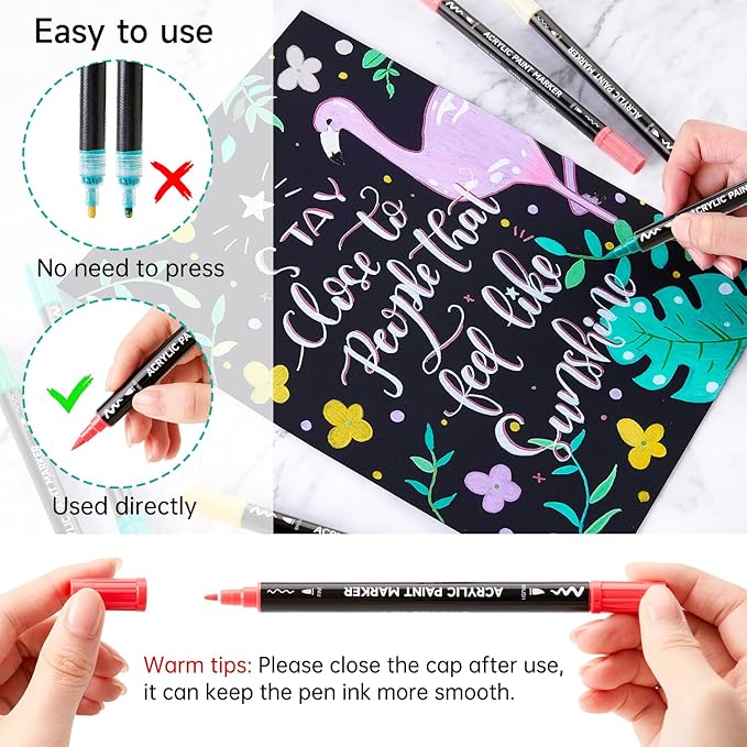 Shuttle Art 60 Colors Dual Tip Acrylic Paint Markers, Brush Tip and Fine Tip Acrylic Paint Pens for Rock Painting, Ceramic, Wood, Canvas, Plastic, Glass, Stone, Calligraphy, Card Making, DIY Crafts