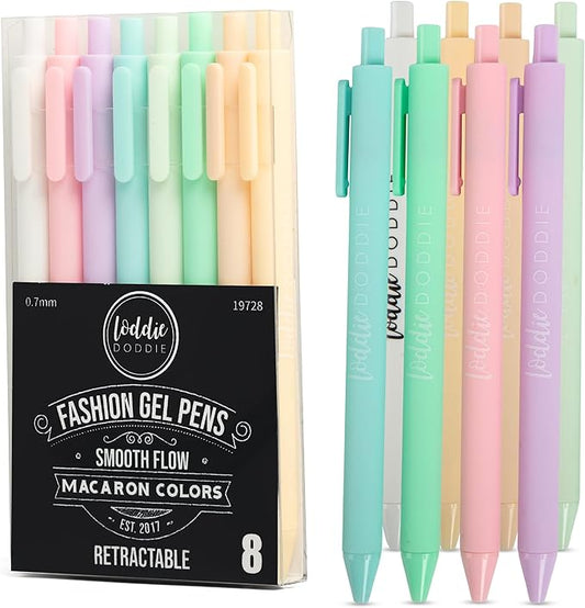 Loddie Doddie Macaron Color Pens for Journaling & Note Taking - 8 Pack 0.7 mm Medium Point Smooth Retractable Pens, No Bleed & Smudge - Pastel Colored