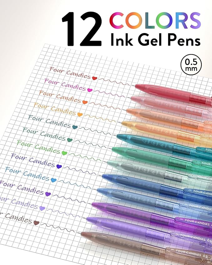 Four Candies 12Pack 0.5mm Quick Dry Retractable Gel Pen Set, Cute Transparent Fine Point Multicolor Note Taking Aesthetic lnk Pens, Comfort Grip 12 Ink Colors Drawing Writing School Office Home