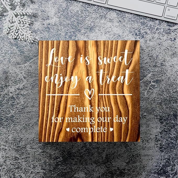Love is Sweet Enjoy a Treat Wooden Box Sign Decorative Wedding Party Dessert Table Wood Box Sign Home Decor Rustic Square Desk Decor Sign for Shelf Burlywood