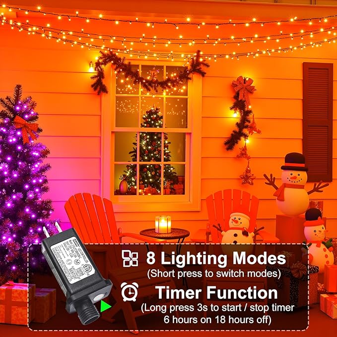 Orange Christmas Lights Outdoor, 100FT 300 LED Christmas String Lights with 8 Modes Waterproof, Plug in Green Wire Twinkle Tree Light for Indoor Patio Yard Party Holiday Decorations