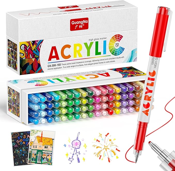 DICEKOO Acrylic Paint Markers, 72 Colors Acrylic Gel Pens, Ballpoint Pens Extra Fine Tip 1.0 mm, Non-Bleed Ink, Odorless, Quick-Drying, Smoothly for Detail Work, Writing, Doodling, Note taking