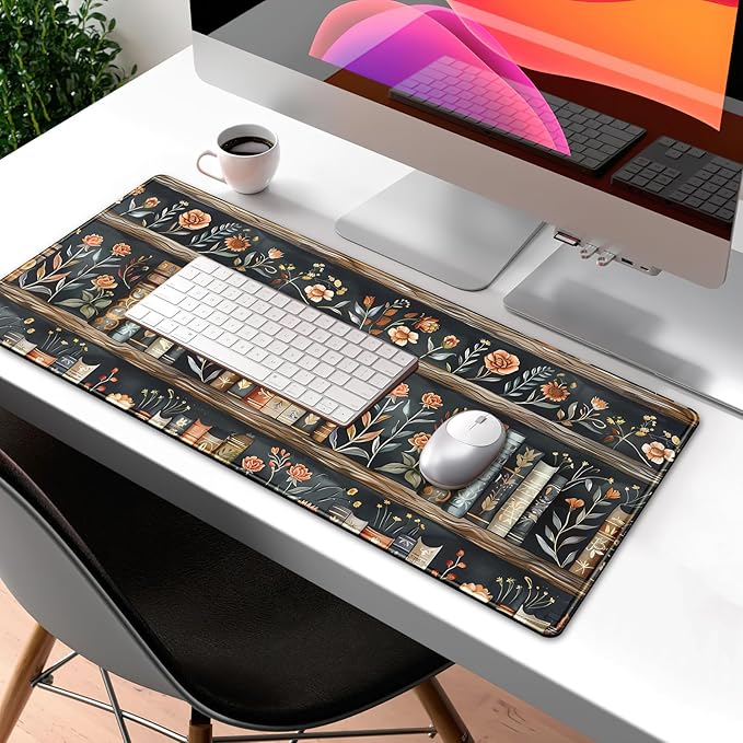 Library Desk Mat Dark Academia Large Mouse Pad Forest Book Nature Floral Gaming Mousepad XL Vintage Aesthetic Desk Pad 31.5 x 11.8 in Laptop Computer Keyboard Mouse Mat Accessories Decor
