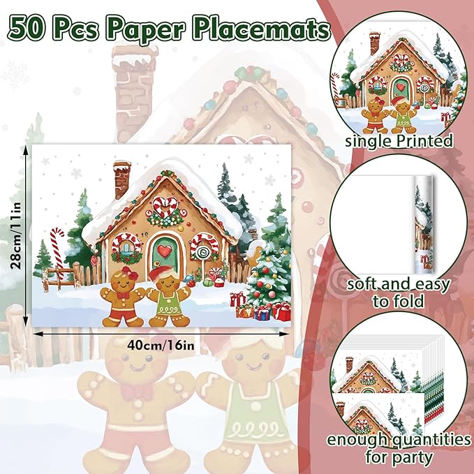 50 Pack Gingerbread Man Christmas Paper Placemats,16x 11 Inch Gingerbread Candy Cane Disposable Placemats Xmas Decorative Dining Table Mats for Kitchen Winter Holiday Christmas Party Supplies