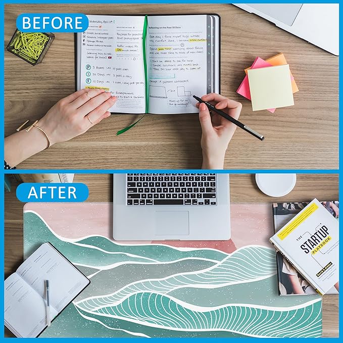 Ocean Wave and Mountain Large Gaming Mouse Pad,Waterproof Desk Mat for Desktop,Non-Slip Rubber Base Mousepad with Stitched Edges for Laptop Office and Home 35.4X15.7 Inch