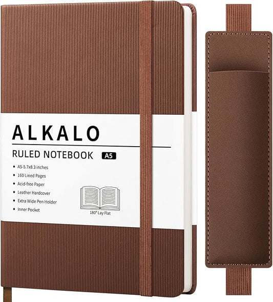 Lined Journal Notebook for Work, A5 Leather Notebook with Pen Sleeve, 100GSM/160 Pages Thick Paper, Daily Journals for Writing, School, Note Taking, Business, Travel, College Ruled