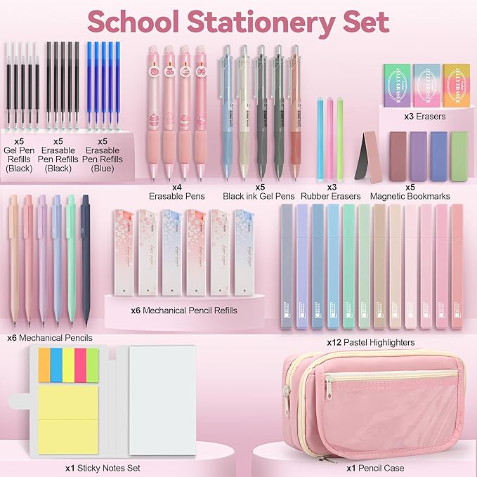 61 PCS Aesthetic School Supplies with Cute Pencil Case, Pastel Highlighters, Gel & Erasable Pens, Mechanical Pencils, Refills, Complete Essentials Stationery Kit for Students (Pink)