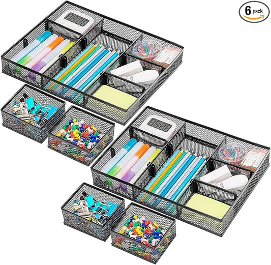 Marbrasse 3 Pack Desk Drawer Organizers with 9 Adjustable Compartments for Makeup, Office Supplies & Accessories (Black)