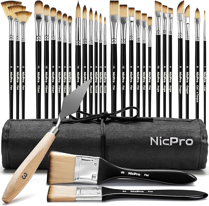 Nicpro 30pcs Paint Brush Set, Professional Paintbrushes with Paint Spatula and Cloth Roll, Craft Paint Brushes for Acrylic Painting, Oil, Watercolor, Gouache, Art Supplies for Artists and Beginners