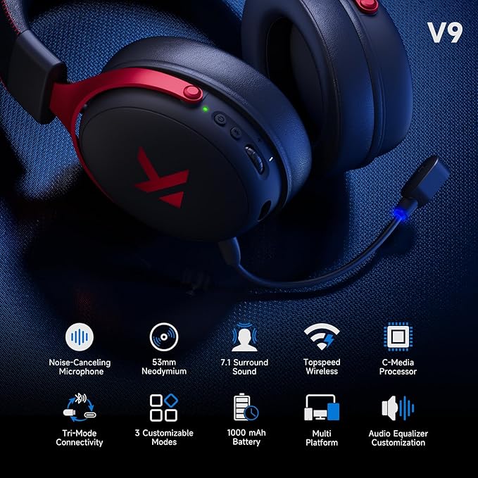 MCHOSE V9 Wireless Gaming Headset 7.1 Surround Sound for PS5 PS4 PC SWITCH TOPSPEED Gaming Headphones with Noise Canceling Mic, 125Hr Battery, Low 15ms Latency, Lightweight, BT 5.3 FPS Games Black&Red