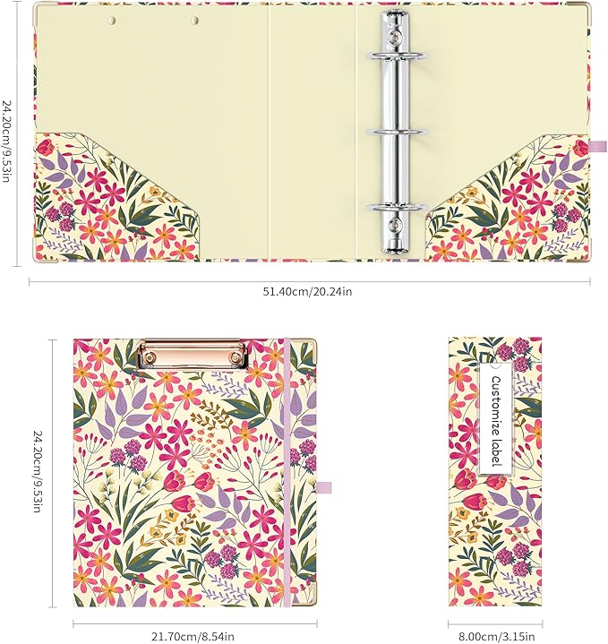 Ospelelf Mini 3 Ring Binder, 2 Inch, Cute Floral Binder for 5.5" x 8.5" with 5 Tab Dividers, File Folder Labels and Low Profile Clipboards